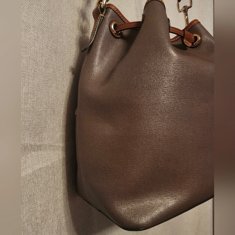 Dooney & Bourke Camden Saffiano Leather Bucket Bag-Elephant- EUC And Dustbag